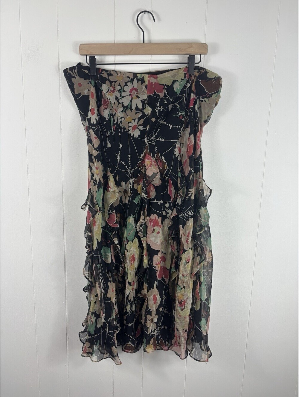 Vintage Lauren Ralph Lauren 100% Silk Tiered Ruffle Maxi Skirt Size 12 Fairy